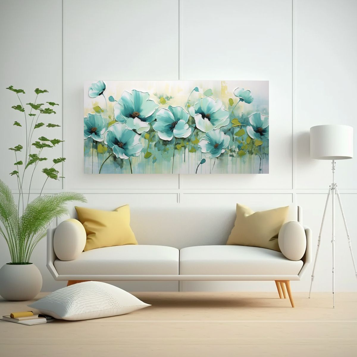 GENERICO - Pintura En Lienzo De Flores Verdes Y Cian En El Espacio Con  160x80cm