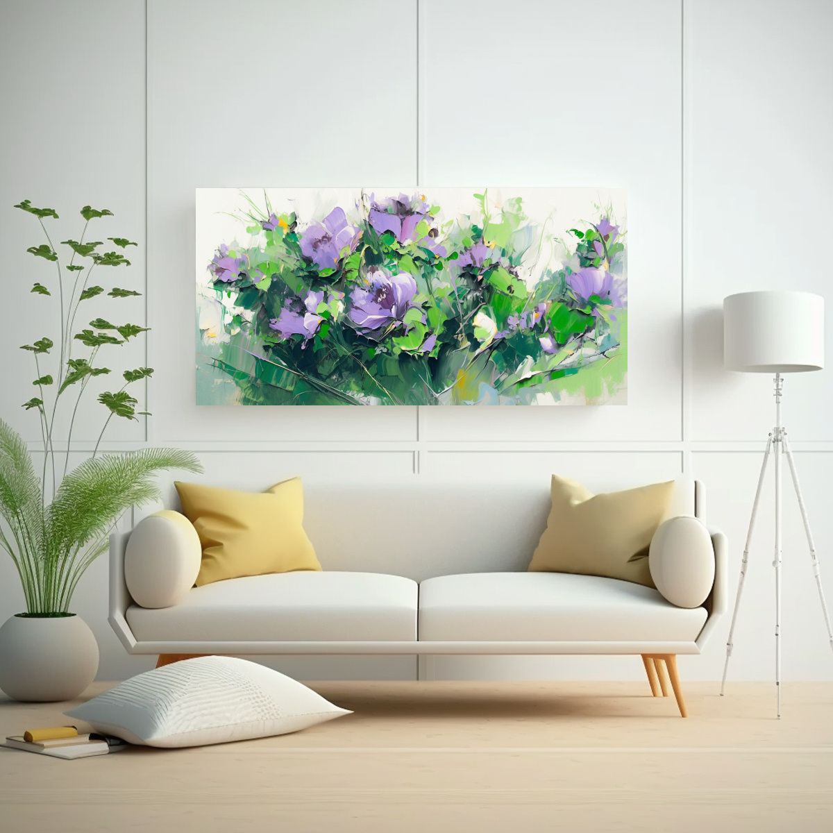 GENERICO - Pintura De Flores En Lienzo Verde Y Morado Para Decoración  160x80cm