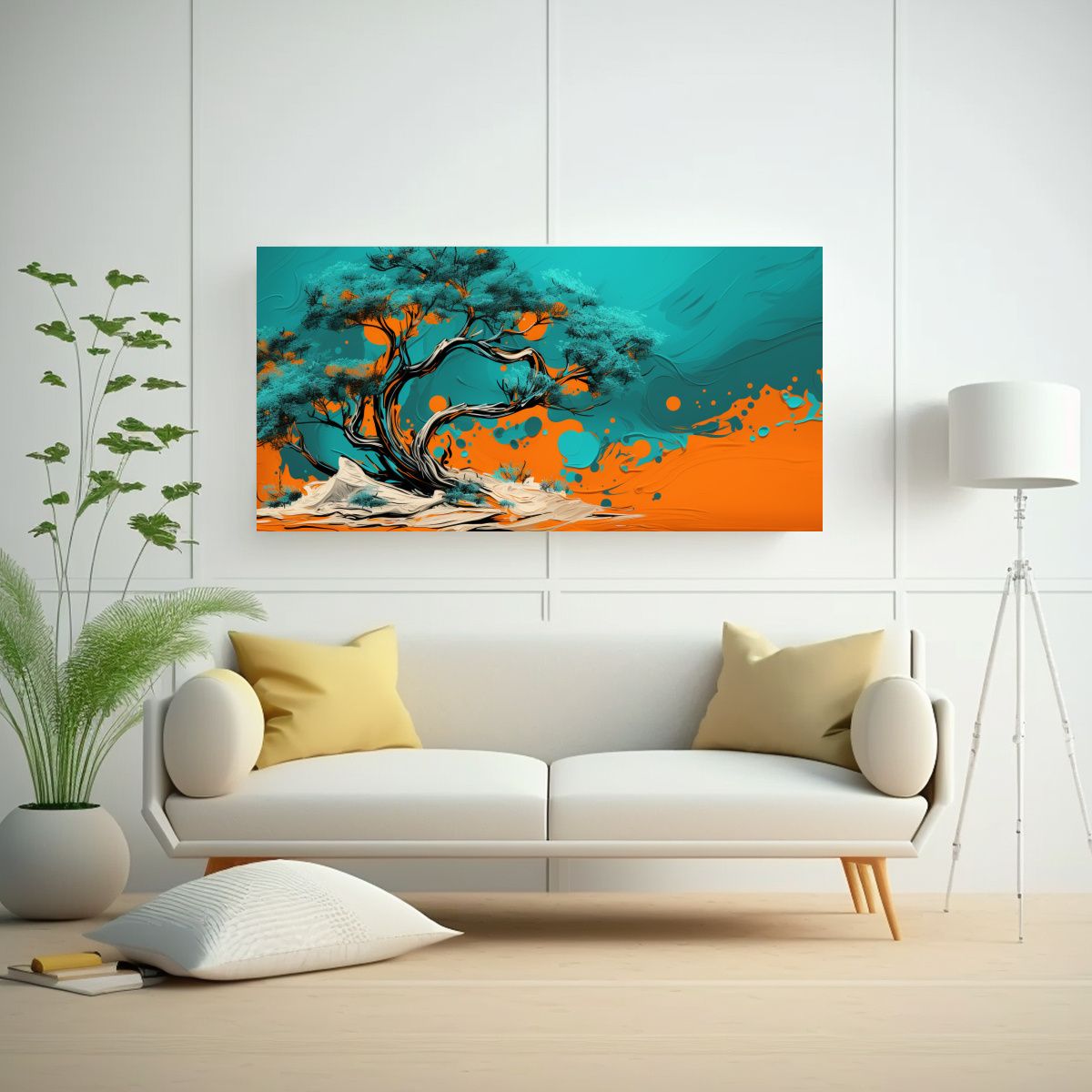 GENERICO - Cuadro Moderno A Juniper Tree En Turquesa Y Naranja Neonoir 160x80cm
