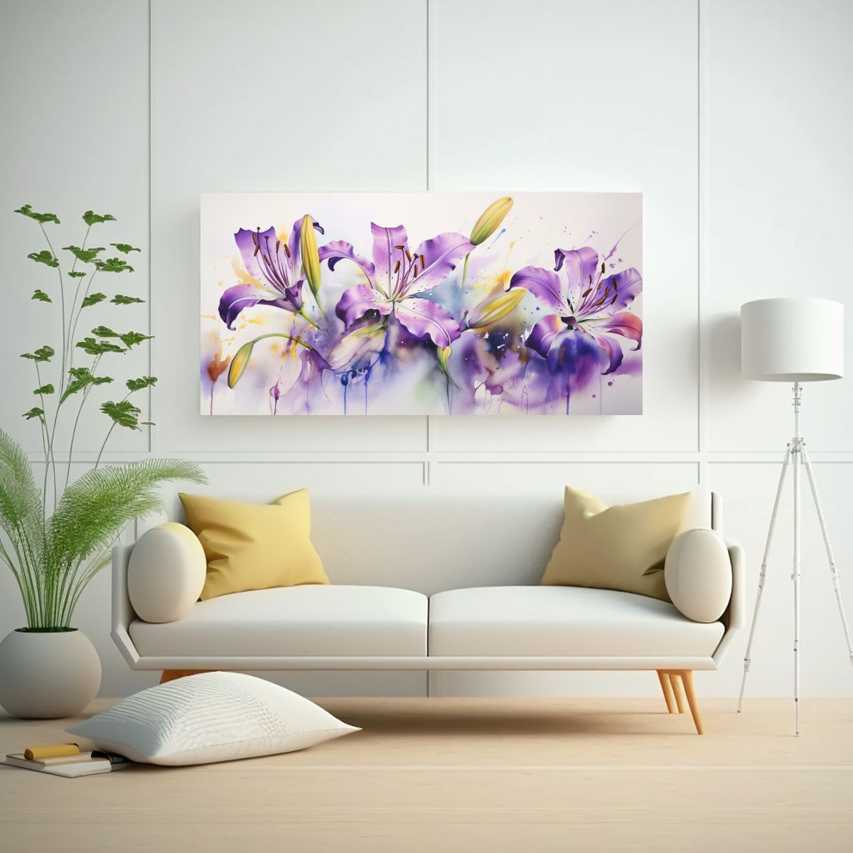 GENERICO - Pintura Abstracta De Lirios En Colores Morados Sobre Tela 160x80cm.