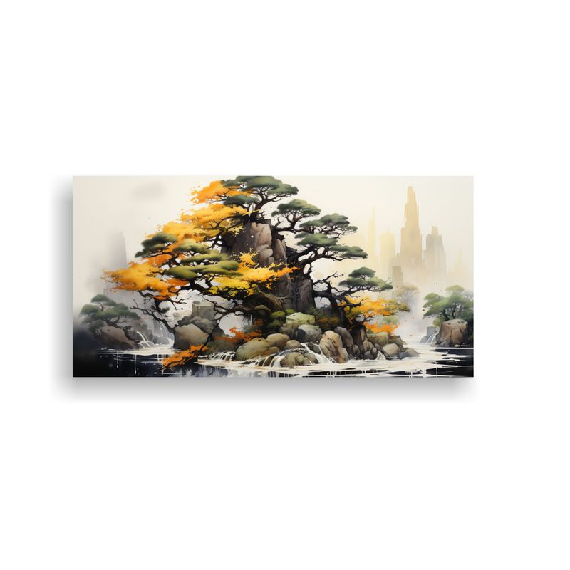 GENERICO - Pintura Abstracta De árbol Bonsái En Amarillo Y Dorado Con 160x80cm