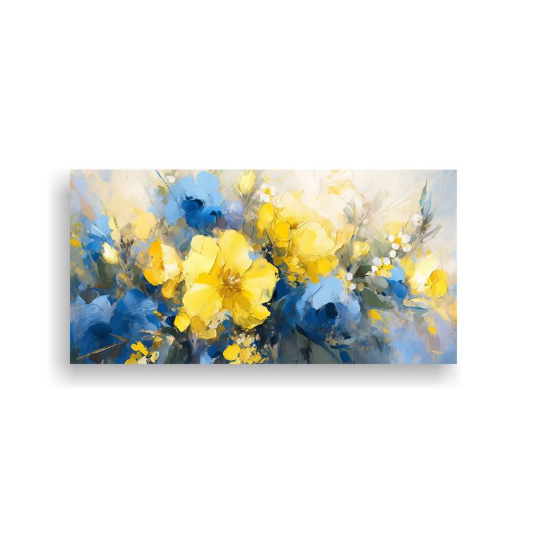 GENERICO - Cuadro Flores Amarillas Y Azules En Lienzo Para Decoración 160x80cm