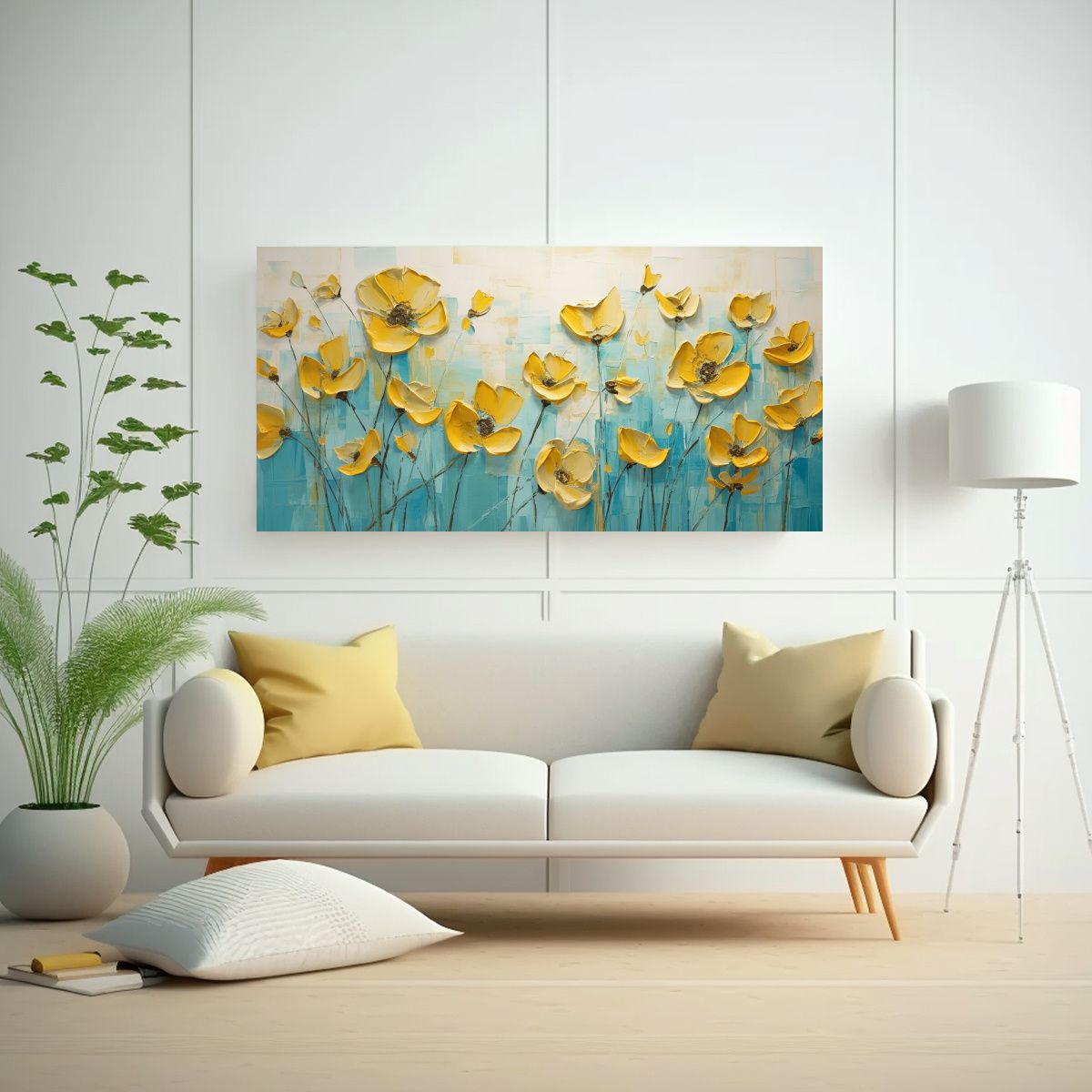 GENERICO - Pintura De Flores Amarillo Y Turquesa En Lienzo Arte De Pare 160x80cm