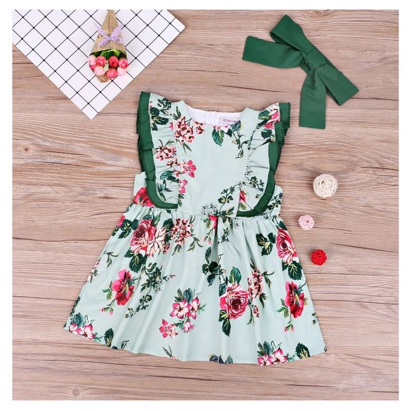 GENERICO - VESTIDO FLOREADO BEBÉ NIÑA VESTIDO VERDE PEQUEÑA LUZ