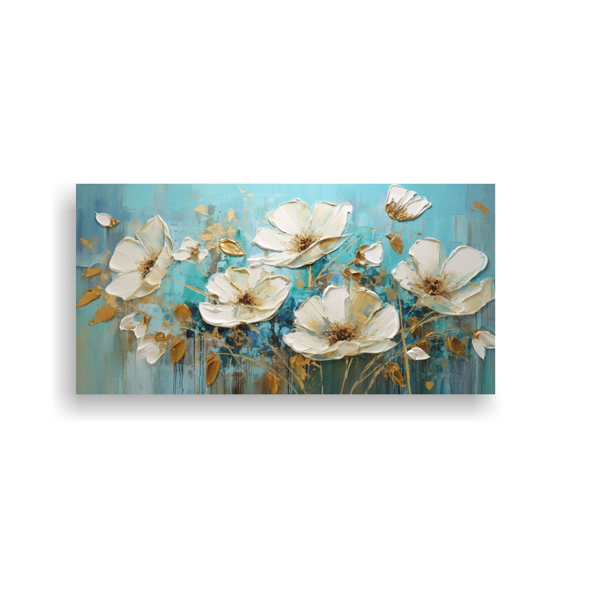 GENERICO - Cuadro Impactante De Flores En Turquesa Y Oro En Lienzo Deco 100x50cm