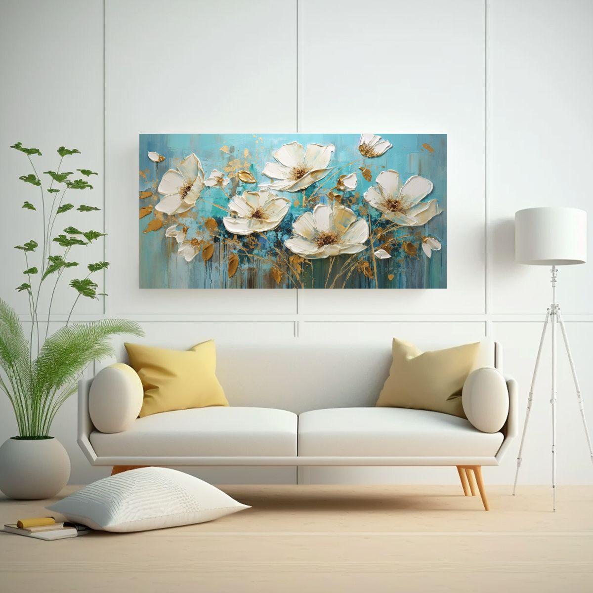 GENERICO - Cuadro Impactante De Flores En Turquesa Y Oro En Lienzo Deco 100x50cm