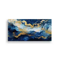 GENERICO - Cuadro Moderno Azul Marino Con Remolinos Líquidos Y Dorado 160x80cm