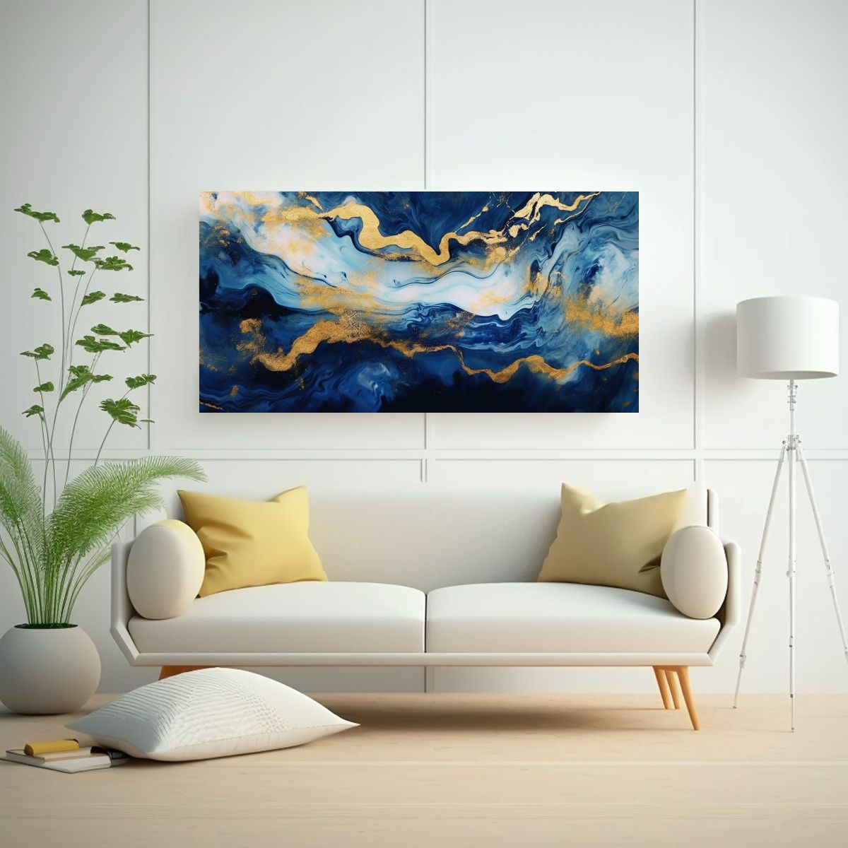 GENERICO - Cuadro Moderno Azul Marino Con Remolinos Líquidos Y Dorado 160x80cm.