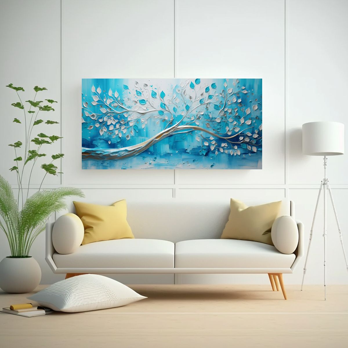 GENERICO - Cuadro Acuarela Multicolor En Tonos Turquesa Y Plata Para De 160x80cm.