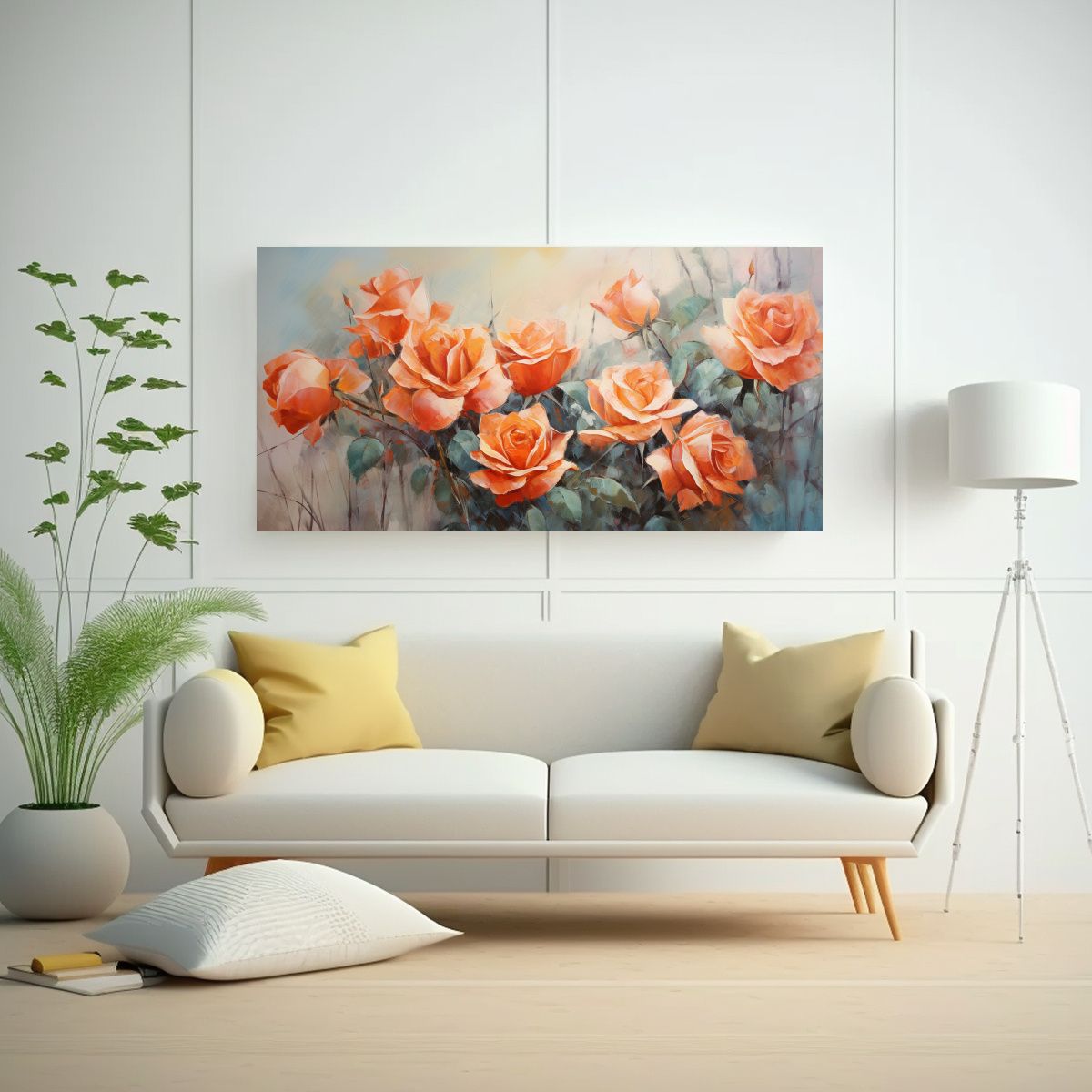 GENERICO - Cuadro En Bastidor Con Finas Líneas: Pintura De Rosas Naran 160x80cm