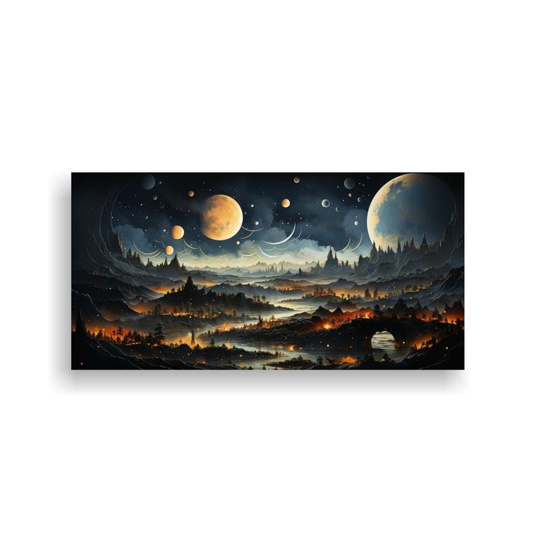 GENERICO - Cuadro Imagen Habitación Paisaje Montaña Fases Lunares Oro 160x80cm