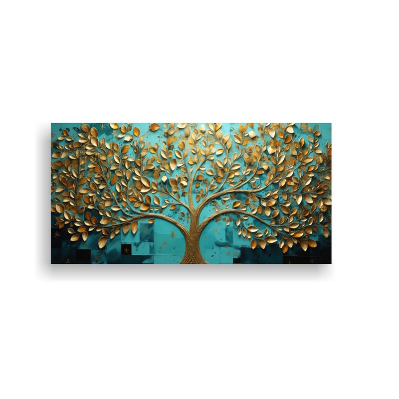 GENERICO - Cuadro Decorativo Árbol Turquesa Y Oro En Imagen Linda 80x40cm