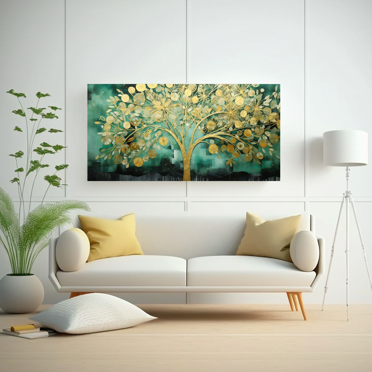 GENERICO - Pintura Decorativa Del árbol En Verde Y Amarillo, Lienzo ú 160x80cm.