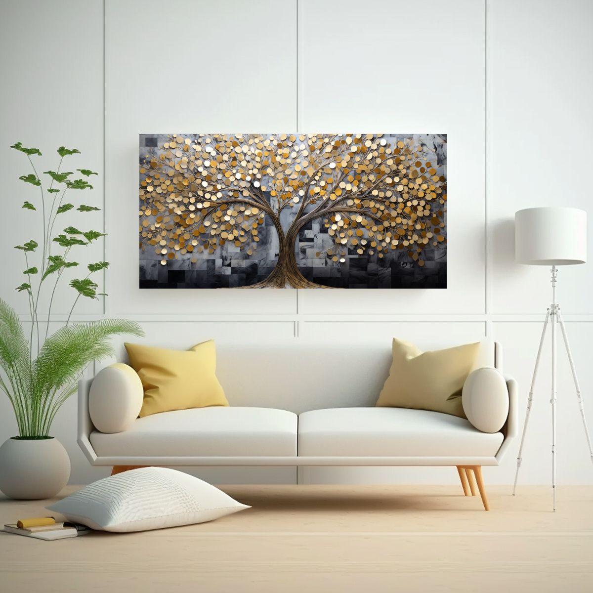 GENERICO - Lienzo De Tela Decoración Elegancia Árbol En Dorado Y Plat 160x80cm