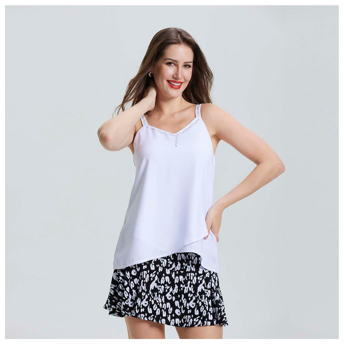 FASHION'S PARK - Blusa Doble Capa Aplicación Strass Blanco Fashion's Park