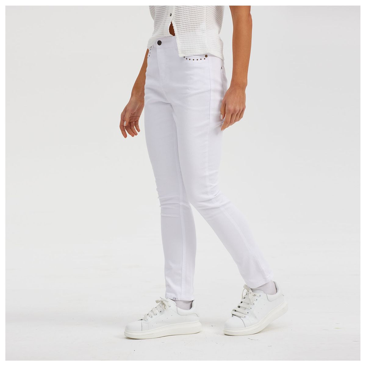 FASHION'S PARK - Pantalón Tobillero Con Abertura En Basta Blanco Fashion's Park