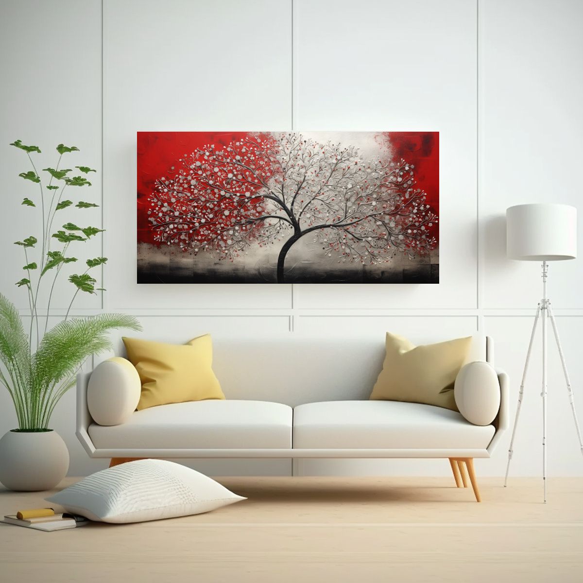 GENERICO - Cuadro Abstracto En Rojo Y Plata Con Imagen De árbol Para D 160x80cm
