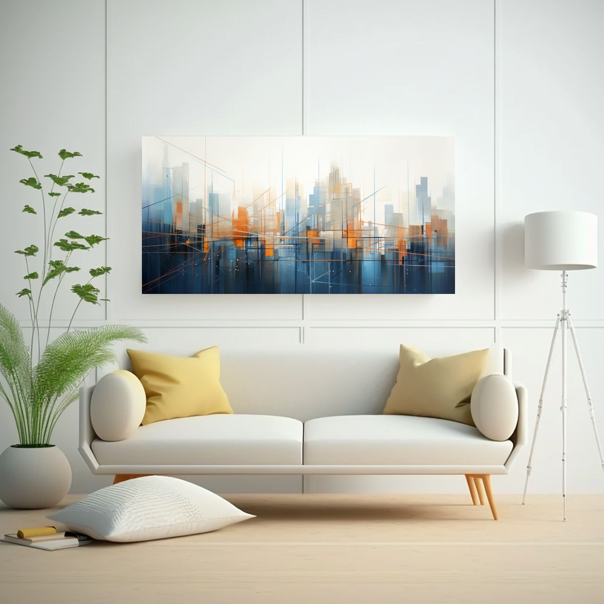 GENERICO - Pintura Abstracta De Ciudad En Azul Y Naranja, Arte Moderno. 160x80cm