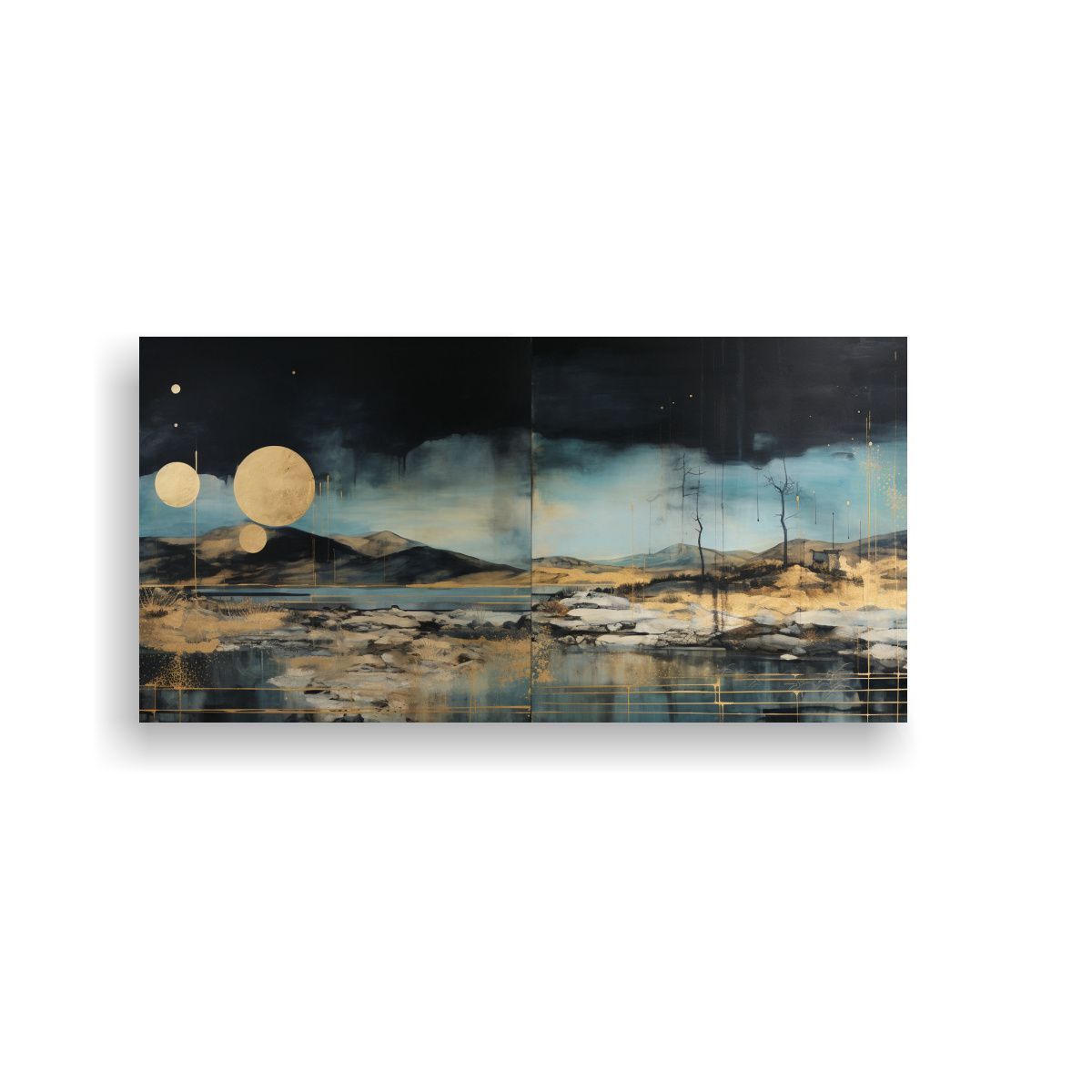 GENERICO - Pintura Arte Abstracto Pop Art En Negro, Turquesa Y Dorado A 160x80cm.