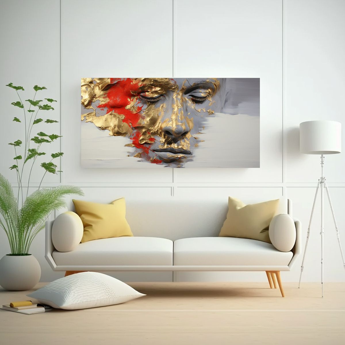 GENERICO - Pintura Abstracta Facial Con Textura, Detalles Dorados Y Roj 160x80cm