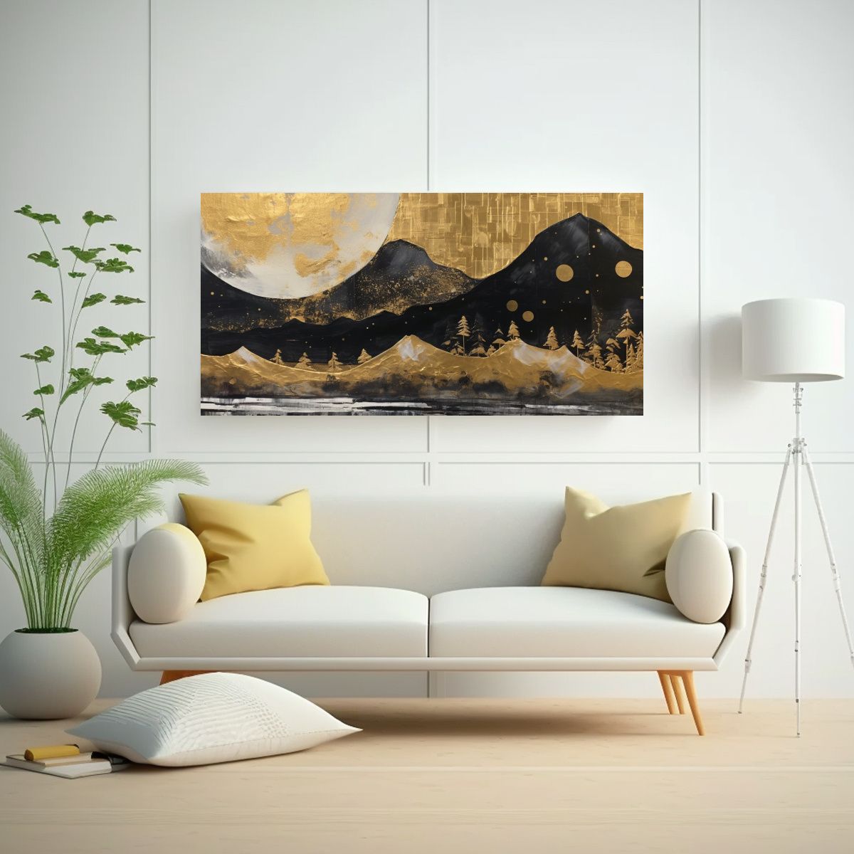 GENERICO - Cuadro Paisaje Nocturno Con Luna Y Montañas, Pintura Decora 160x80cm.