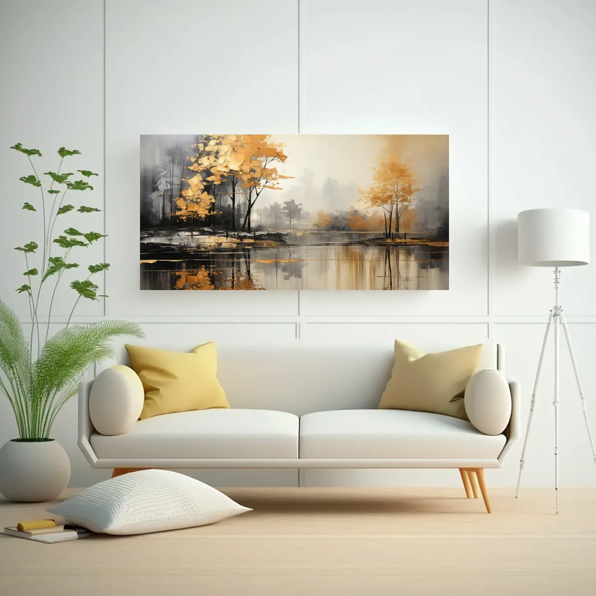 GENERICO - Pintura Abstracta De árboles En Plata Y Oro Con Finas Líne 160x80cm