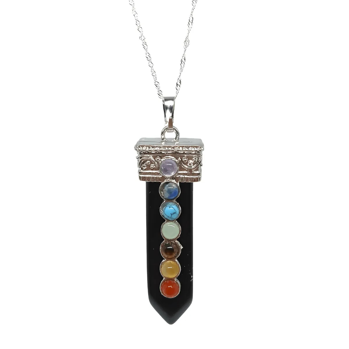 GENERICO - Collar con Colgante punta de Piedra Ónix con 7 Chakras - Cadena Plata