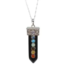 GENERICO - Collar con Colgante punta de Piedra Ónix con 7 Chakras - Cadena Plata