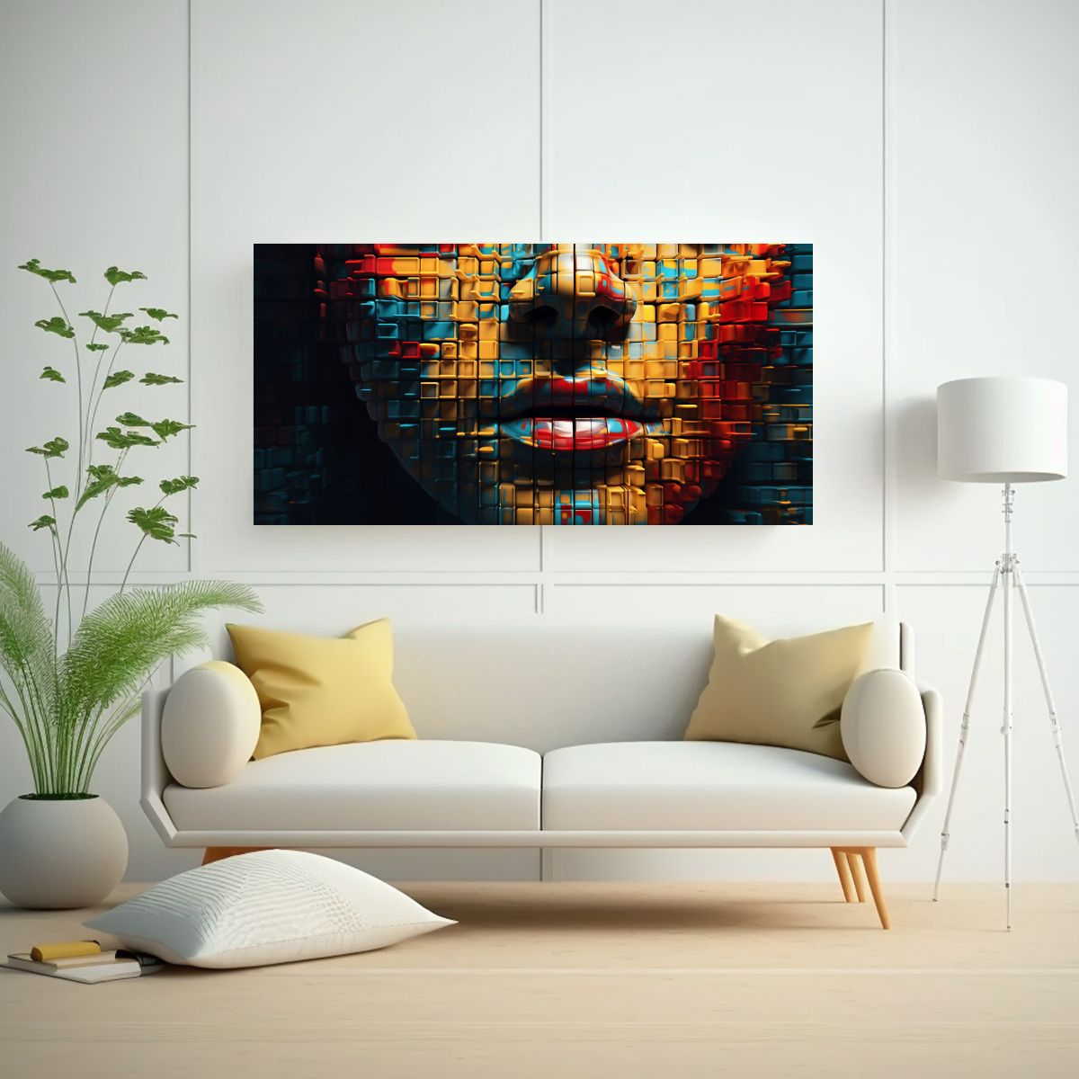 GENERICO - Pintura Abstracta De Rostro Pixelado En Bastidor Con Colores 160x80cm.