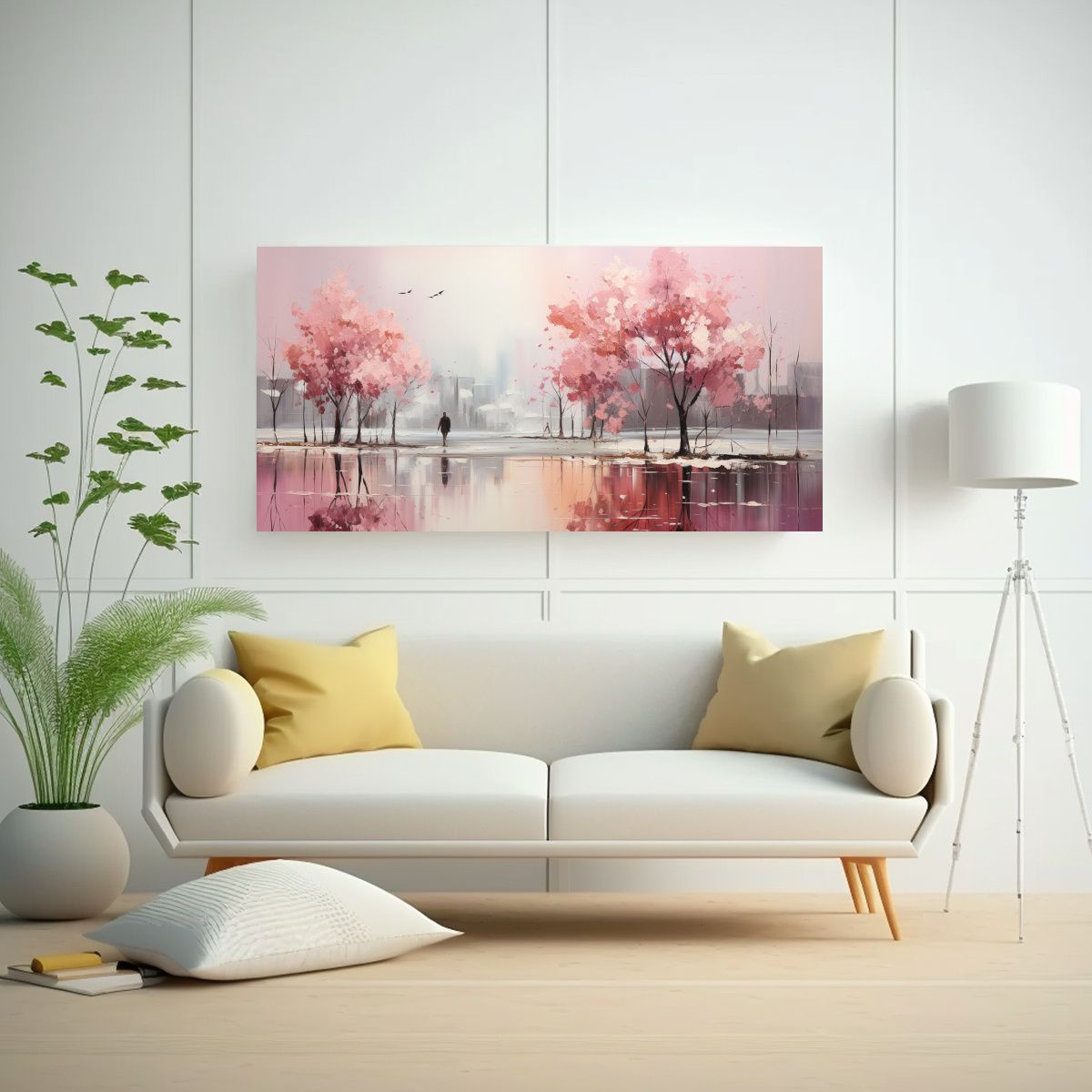 GENERICO - Pintura Abstracta De árboles En Plata Y Blanco, Composició 160x80cm