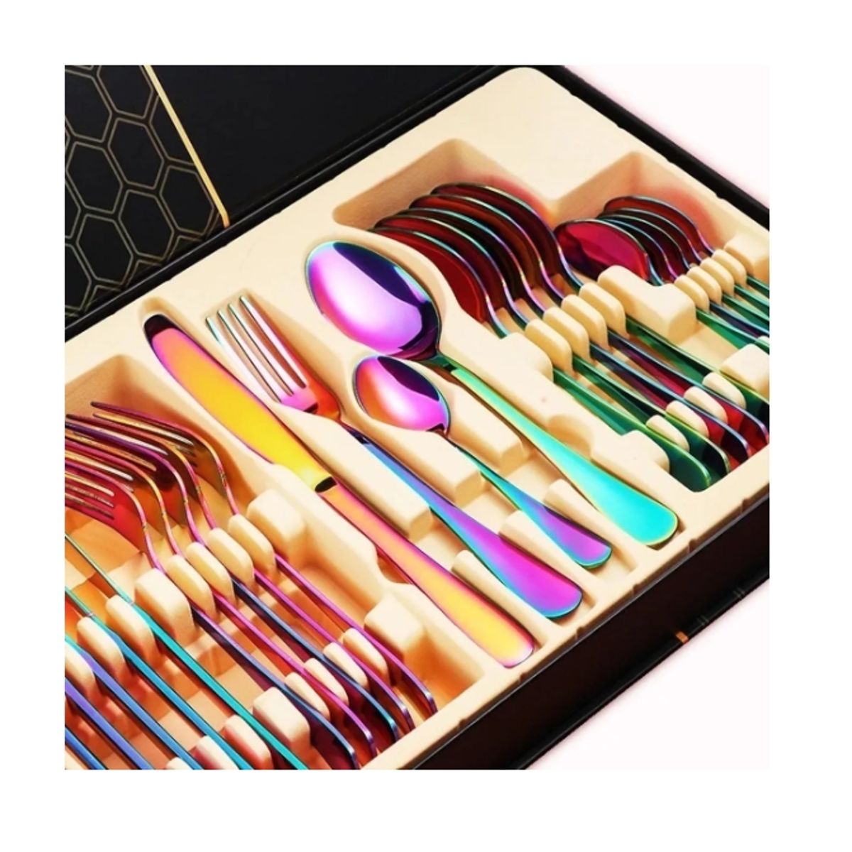 GENERICO - Set De Servicios Acero Inoxidables Tornasol Negro Dorado 24p