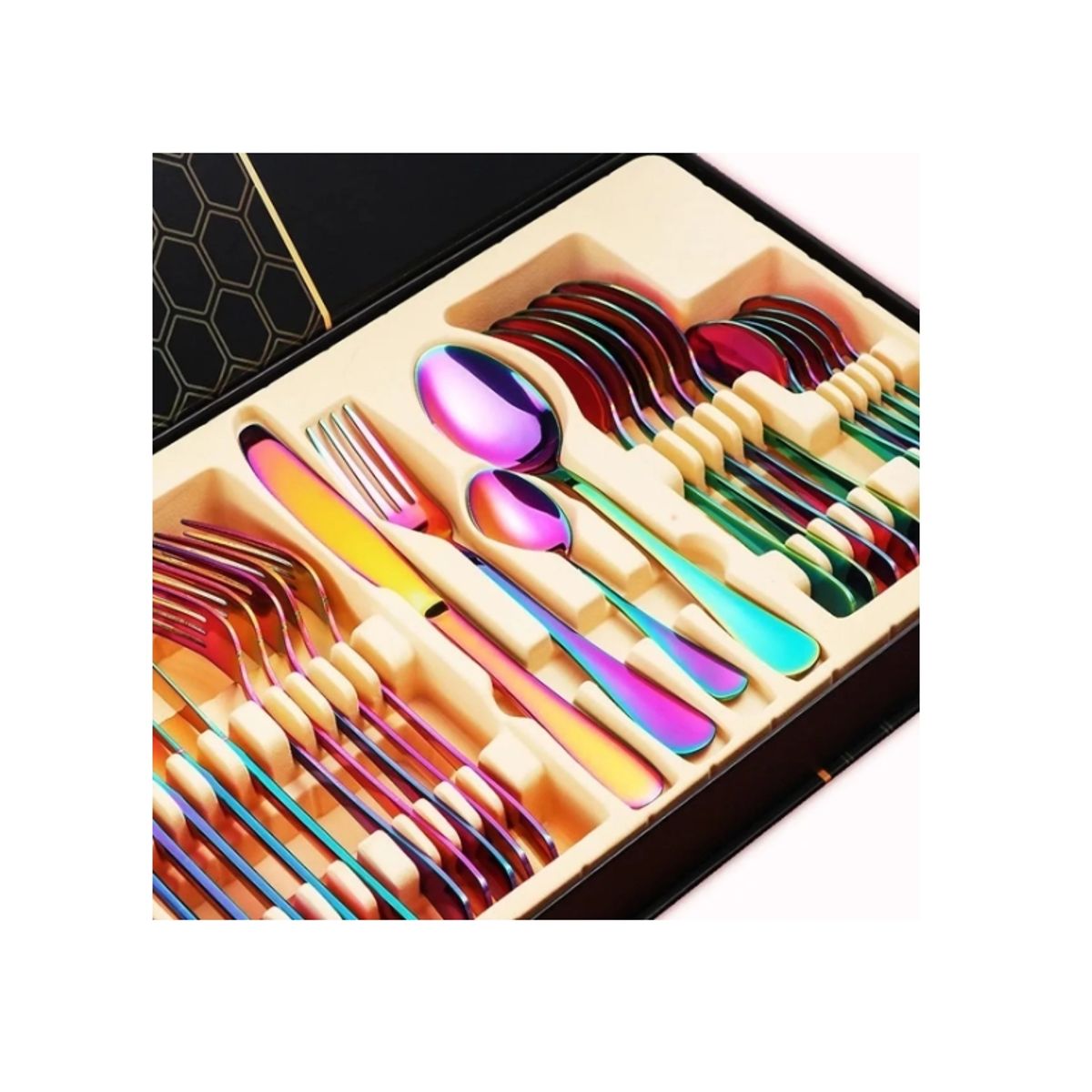 GENERICO - Set De Servicios Acero Inoxidables Tornasol Negro Dorado 24p