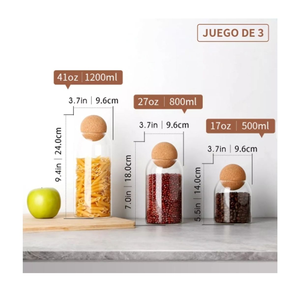 GENERICO - Pack 3 Botellas Frasco Vidrio Corcho Transparente Con Bola