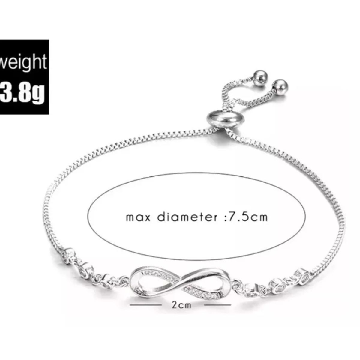 GENERICO - Pulsera Infinito Ajustable De Plata Ley S925 + Bolsa + Paño