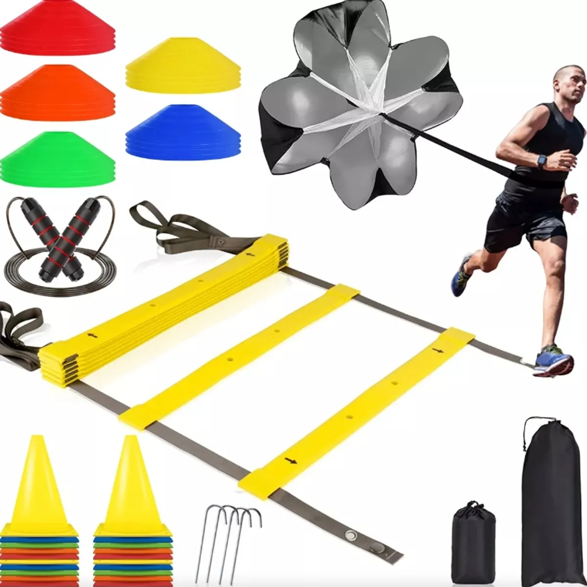 TNAKIEX - Kit De 20 Platos+20 Conos+1 Paracaídas+1 Escalera Agilidad