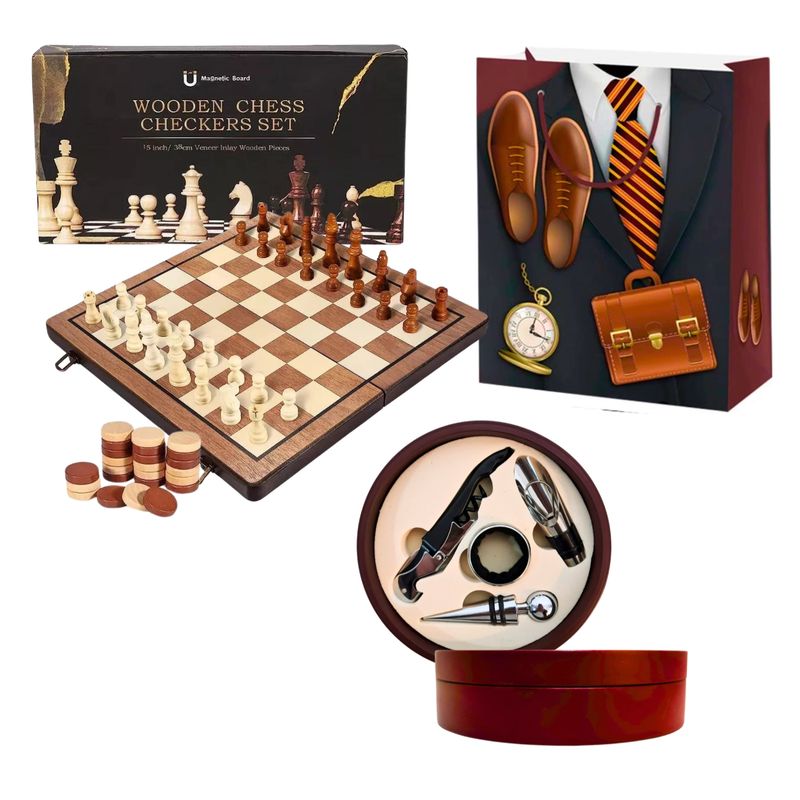 GENERICO - Kit Tablero Ajedrez Madera + Set Destapa Vino Dia Del Padre