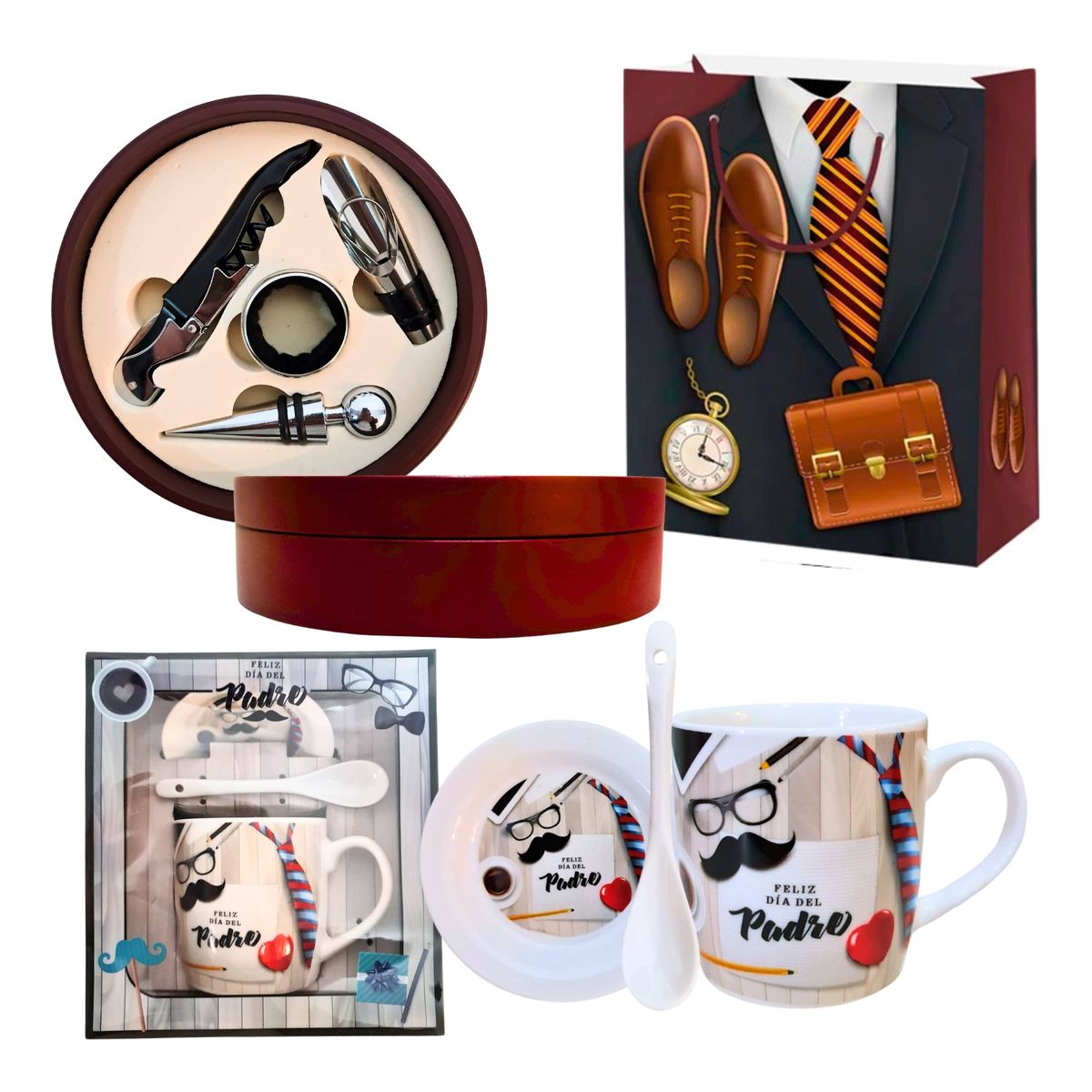 GENERICO - Kit Taza + Set Accesorios Vino Madera Regalo Feliz Día Papá