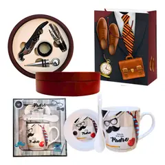 GENERICO - Kit Taza + Set Accesorios Vino Madera Regalo Feliz Día Papá