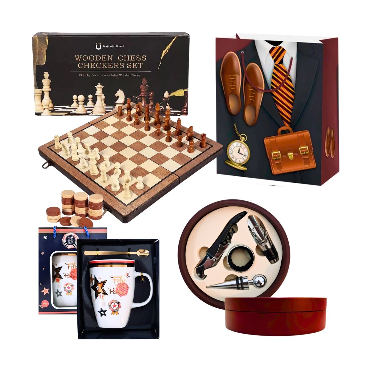 GENERICO - Kit Regalo Tablero Ajedrez Madera + Set Destapa Vino + Taza