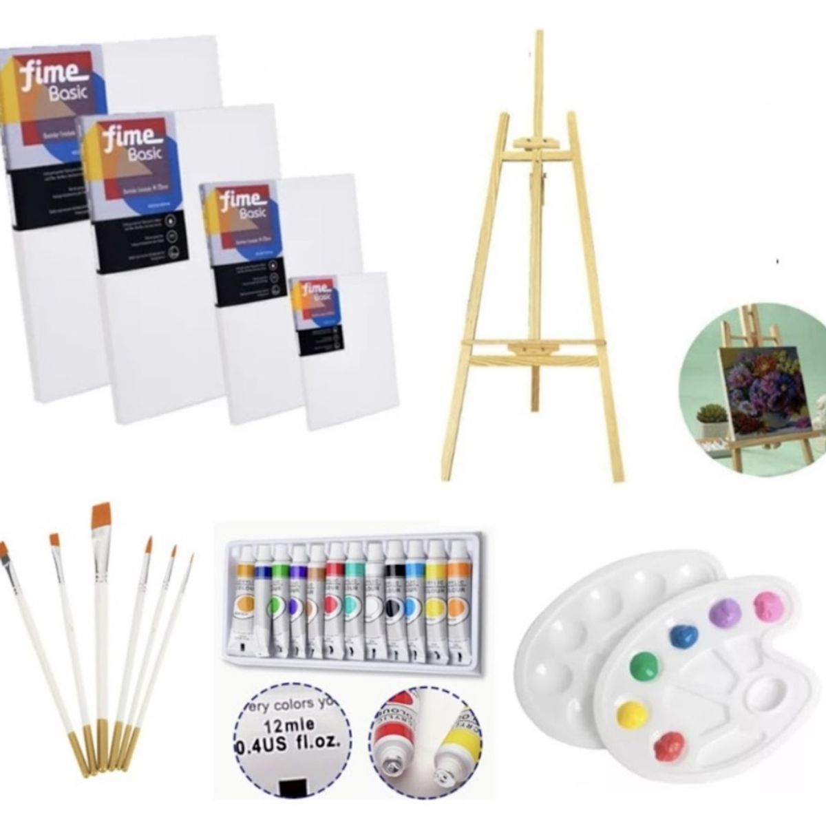 GENERICO - Set De Atril 1,50 + 4 Bastidores, Pinceles, Pinturas, Paleta