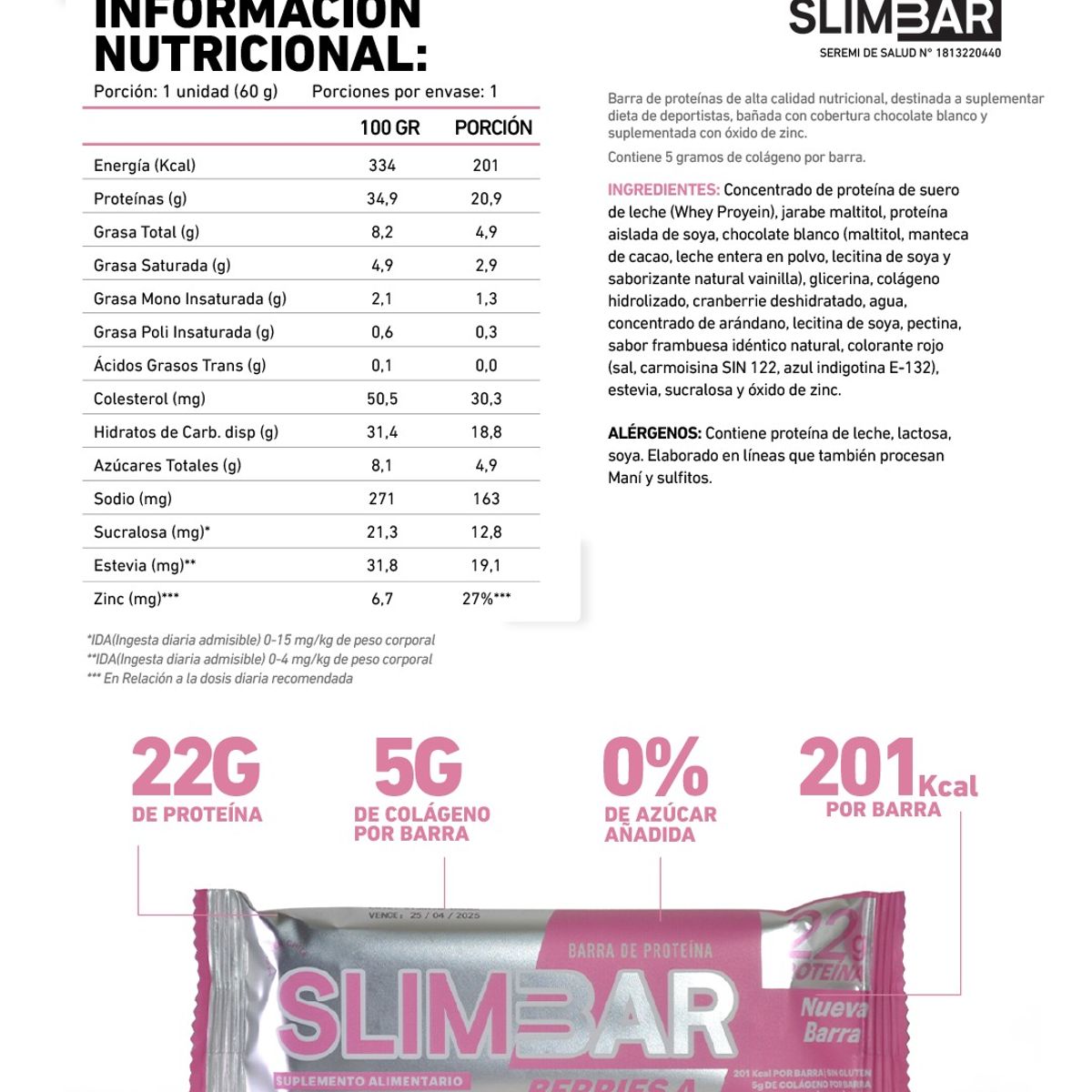 SLIMBAR - Barra de proteína - 22gr de proteína - 60gr Berries A LA CREMA SLIMBAR