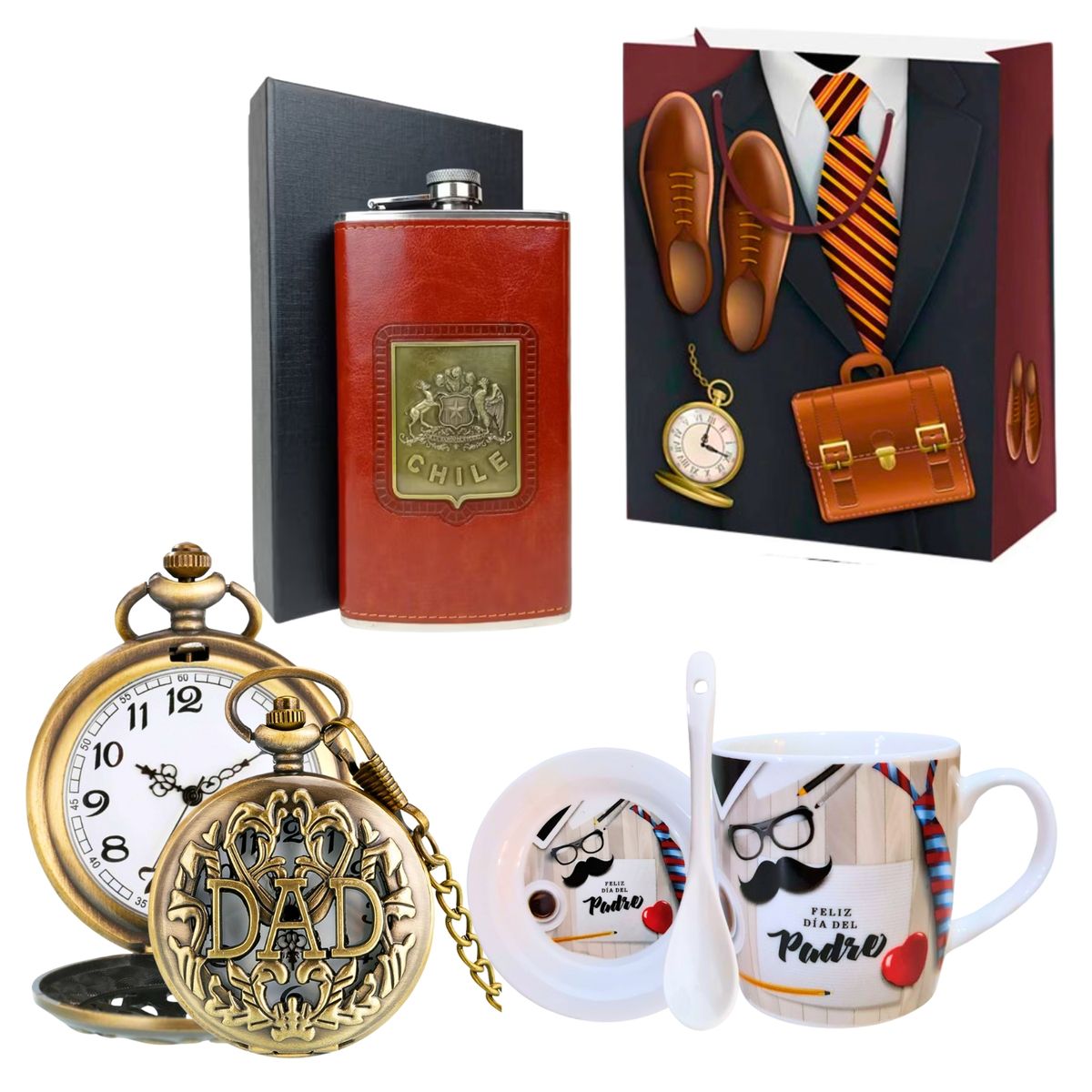 GENERICO - Kit Regalo Feliz Día Papá Taza + Reloj Bolsillo + Petaca