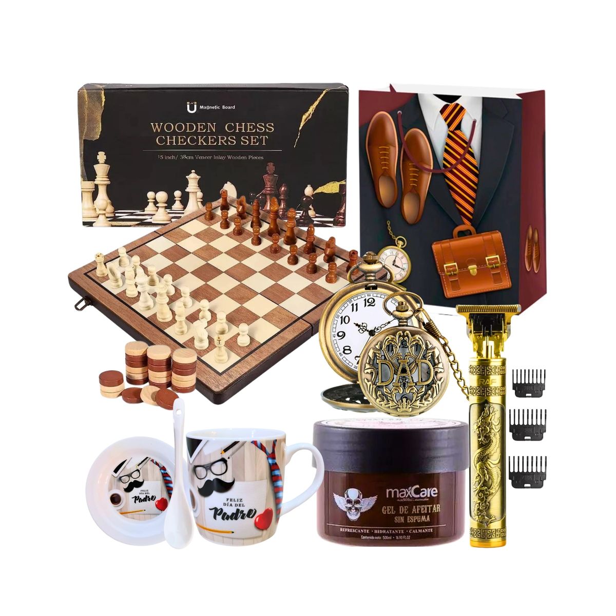 GENERICO - Kit Papá - Tablero Ajedrez Taza Reloj Bolsillo Cuidado Barba