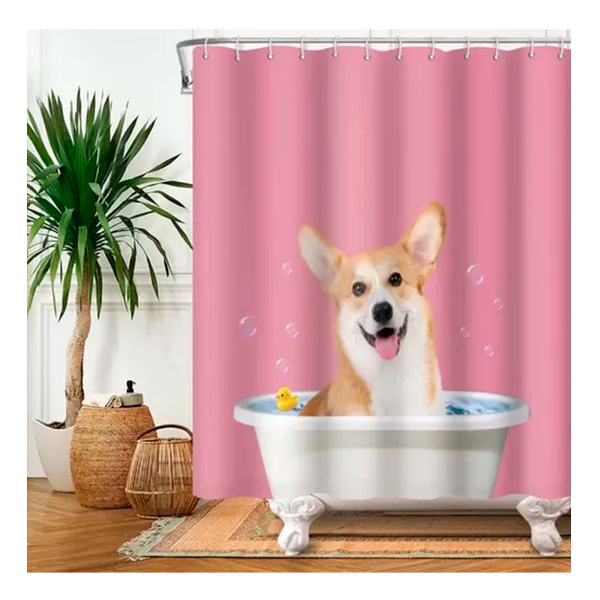GENERICO - Cortinas De Baño Tela Impermeable 180x180 Corgi Rosa