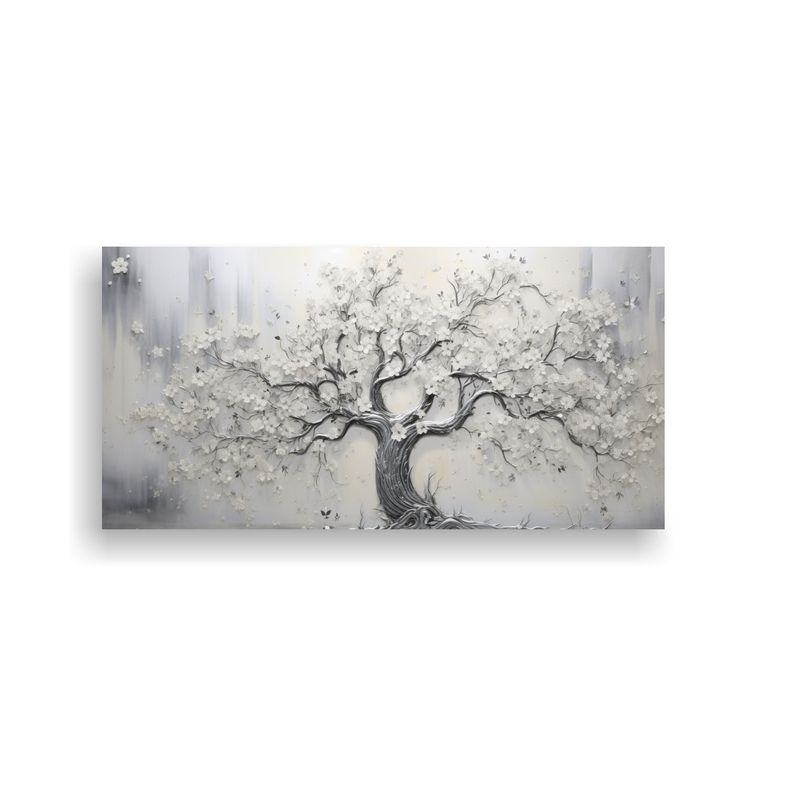 GENERICO - Cuadro De Tela Blanco Y Plateado Con Decoración De Árbol 160x80cm