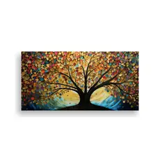 GENERICO - Cuadro Sala Con Árbol Dorado Y Arcoíris En Diseño De Comp 80x40cm