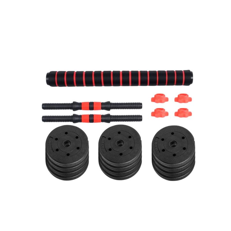 LUMAX - Set 2 Mancuernas + Barra 2 en 1 + 20kg Discos Pesas Rojo