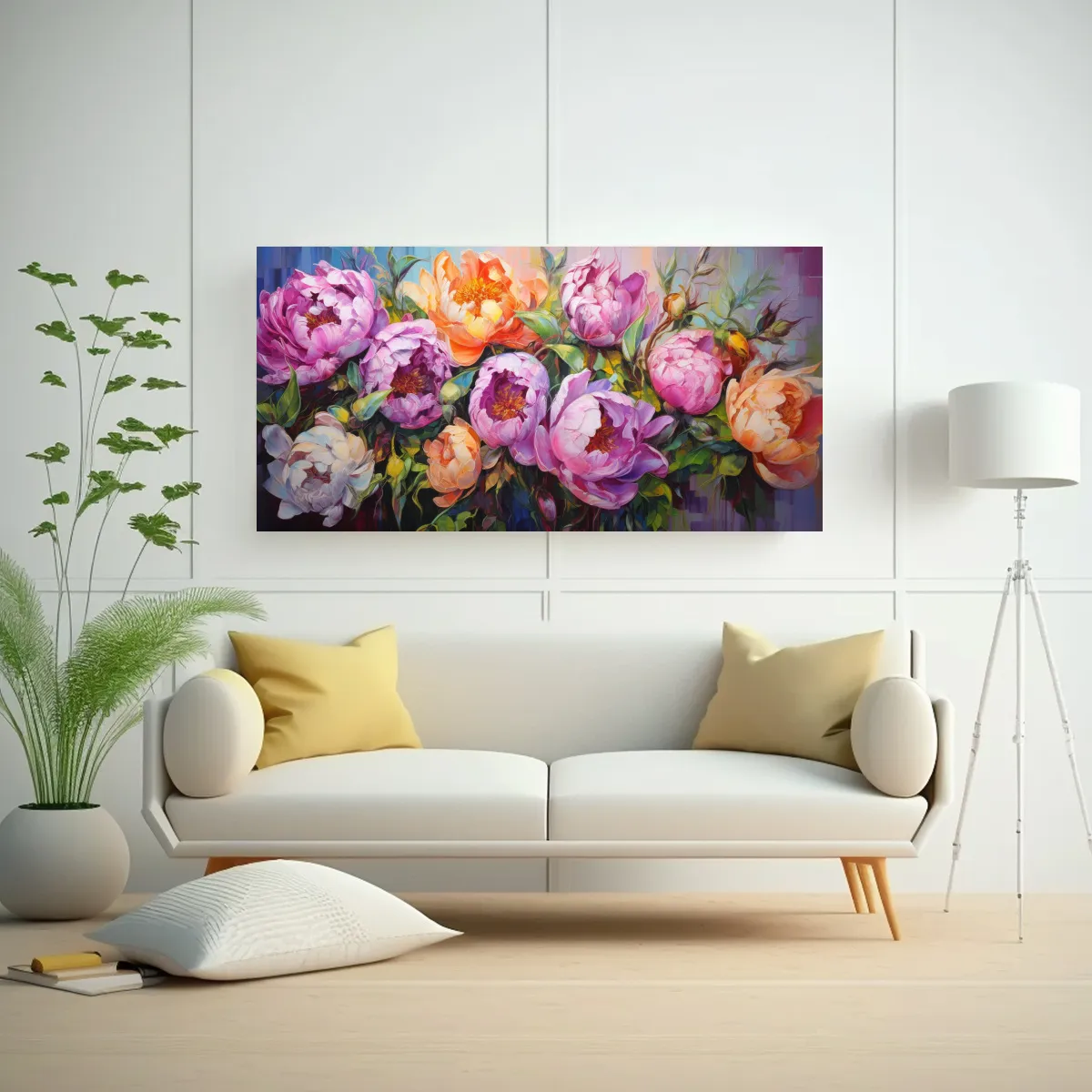 GENERICO - 1 Cuadro Luminoso De Peonías En Colores Del Arcoíris En Pi 160x80cm