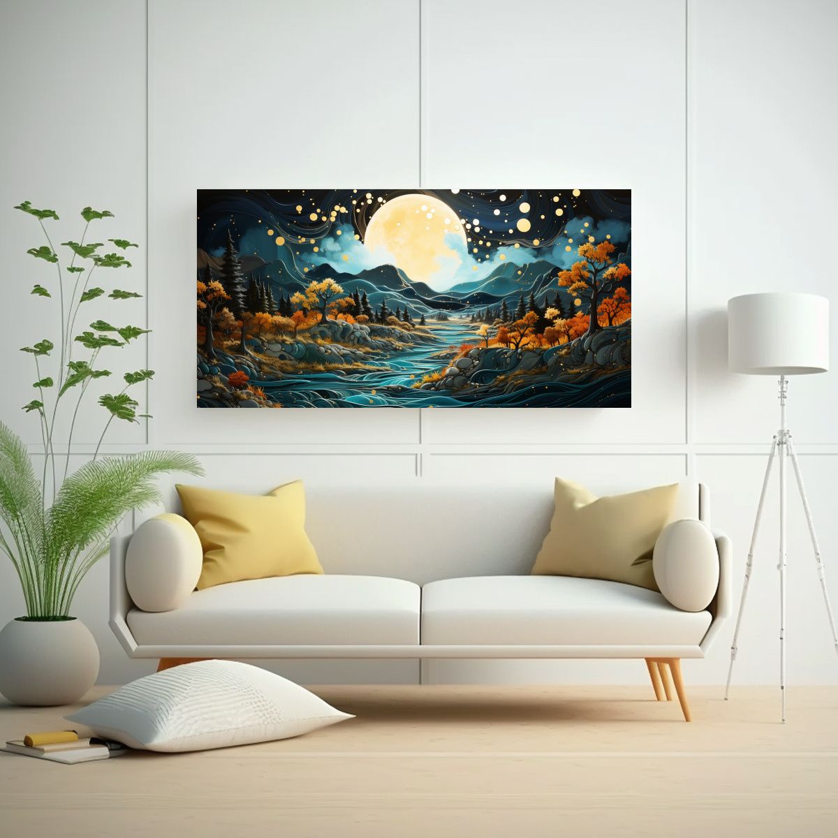 GENERICO - Pintura De Arte Fina: Luna Cerca De Montañas Con Estrellas 160x80cm