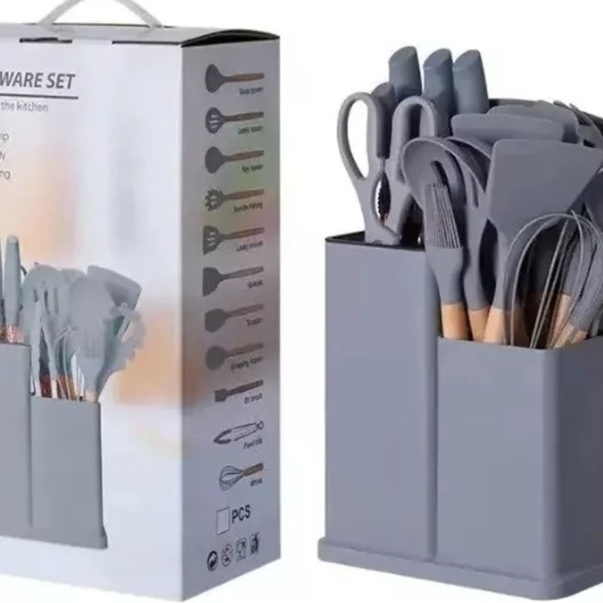 GENERICO - juego utensilios dilicona con soporte madera 19 piezas